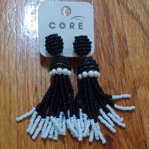 Stylish Black and White Beaded Tassel Earrings